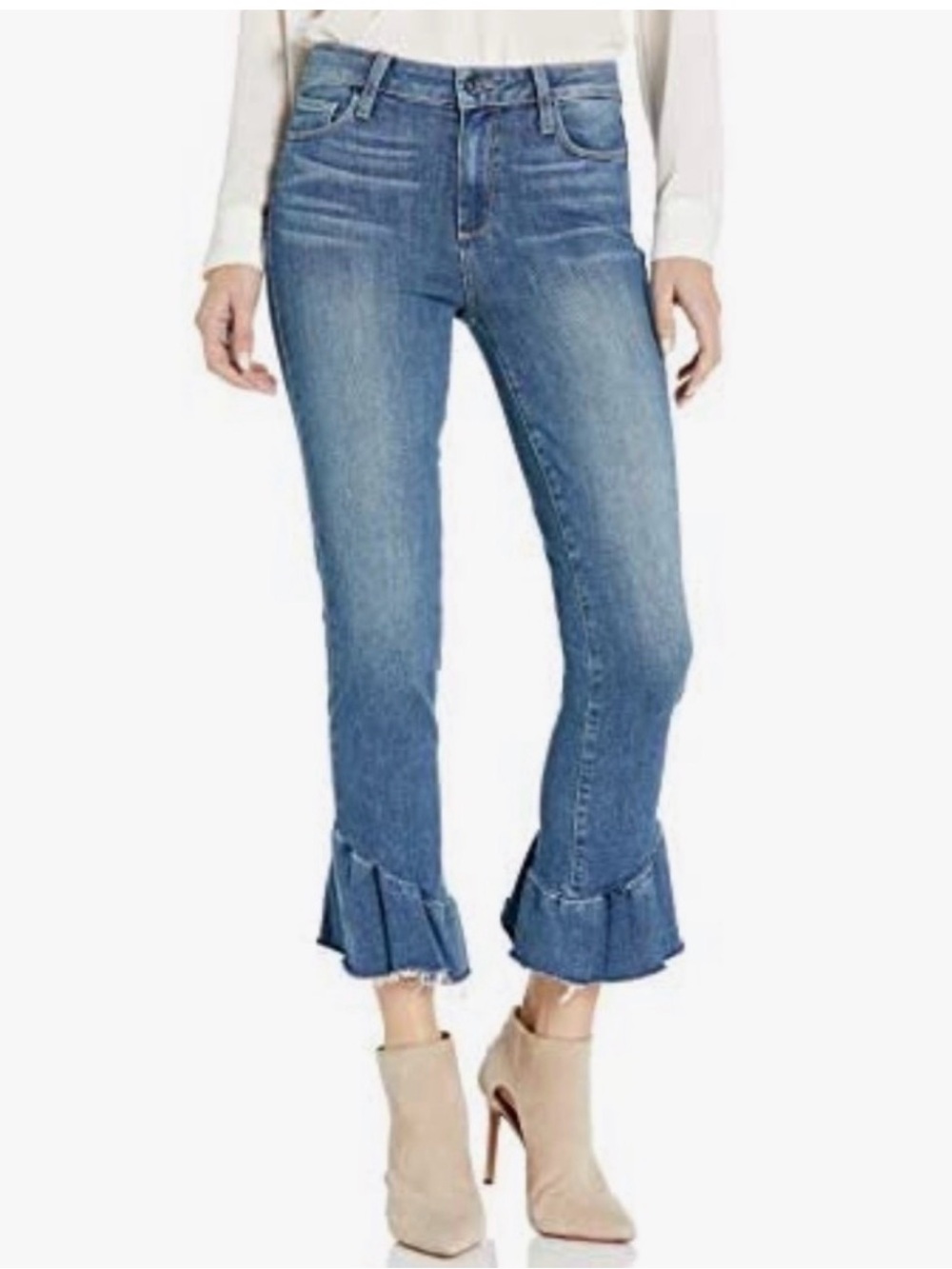 PAIGE HOXTON STRAIGHT ANKLE JEAN RUFFLE HEM CROPPED PEARL-EMBELLISHED Women's 32